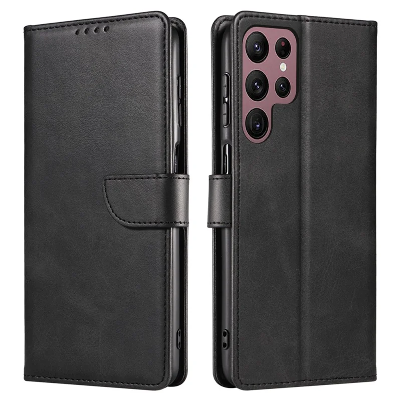 For Samsung Galaxy S23 Ultra Phone Leather Case Square Magnetic Clasp Stand Wallet Phone Cover - Black