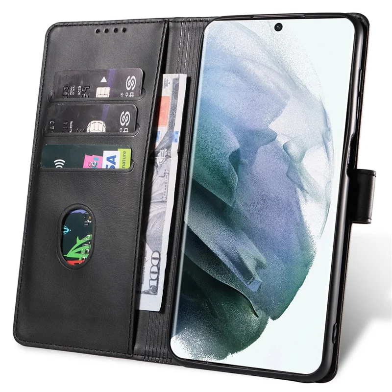 For Samsung Galaxy S23 Ultra Phone Leather Case Square Magnetic Clasp Stand Wallet Phone Cover - Black