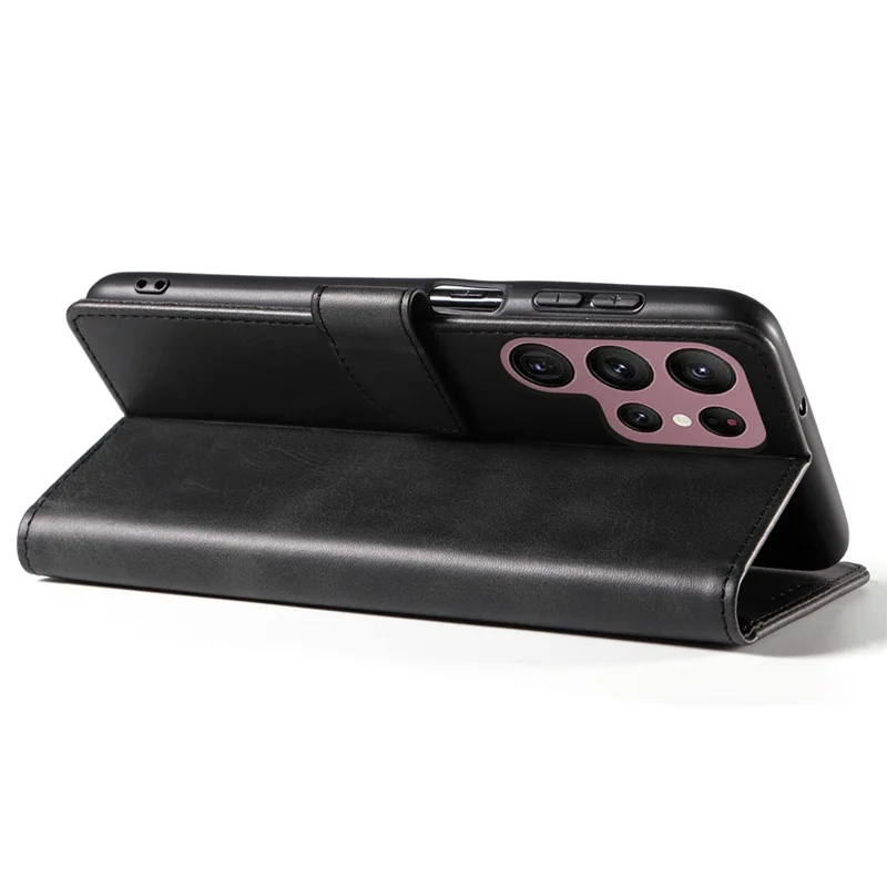 For Samsung Galaxy S23 Ultra Phone Leather Case Square Magnetic Clasp Stand Wallet Phone Cover - Black