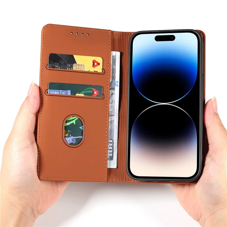 Per iPhone 14 Pro Business Style Anti-drop Phone Case Stand Skin Touch Flip Leather Wallet Cover - Marrone