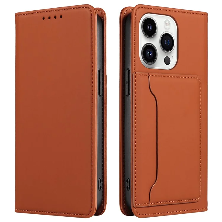 Per iPhone 14 Pro Business Style Anti-drop Phone Case Stand Skin Touch Flip Leather Wallet Cover - Marrone