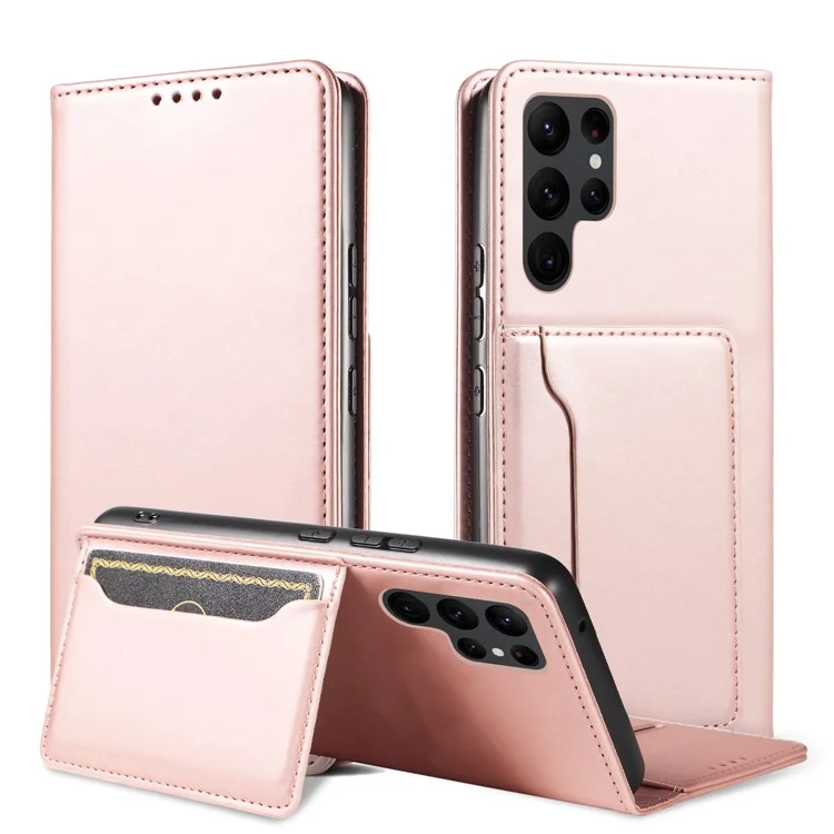 Leather Phone Case For Samsung Galaxy S23 Ultra , Skin-friendly Shockproof Magnetic Phone Cover Stand Wallet - Rose Gold