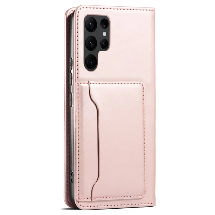 Leather Phone Case For Samsung Galaxy S23 Ultra , Skin-friendly Shockproof Magnetic Phone Cover Stand Wallet - Rose Gold