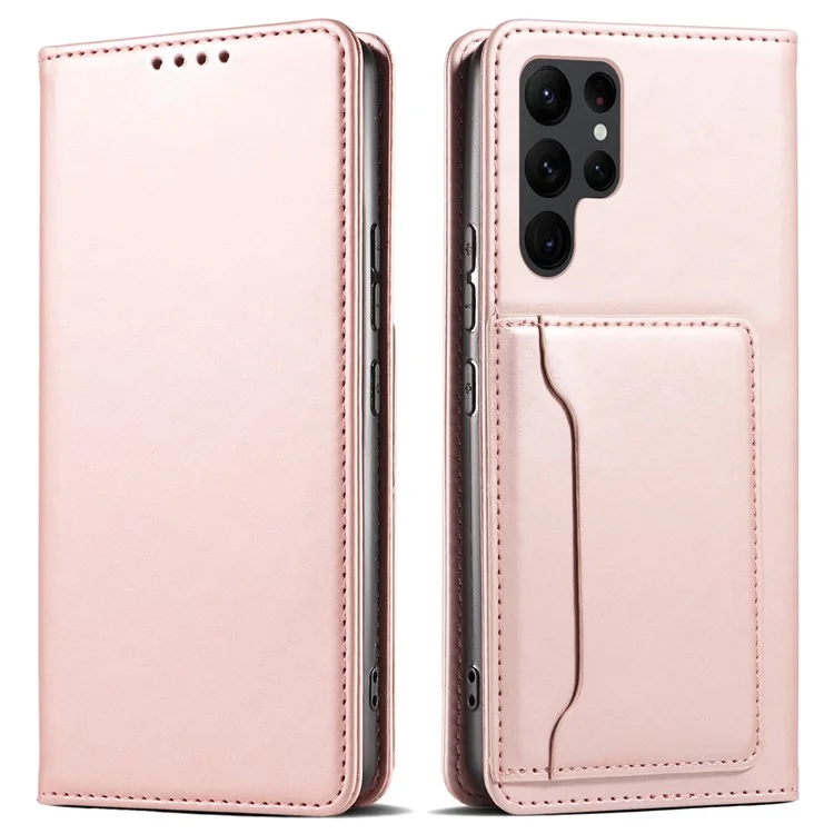 Leather Phone Case For Samsung Galaxy S23 Ultra , Skin-friendly Shockproof Magnetic Phone Cover Stand Wallet - Rose Gold