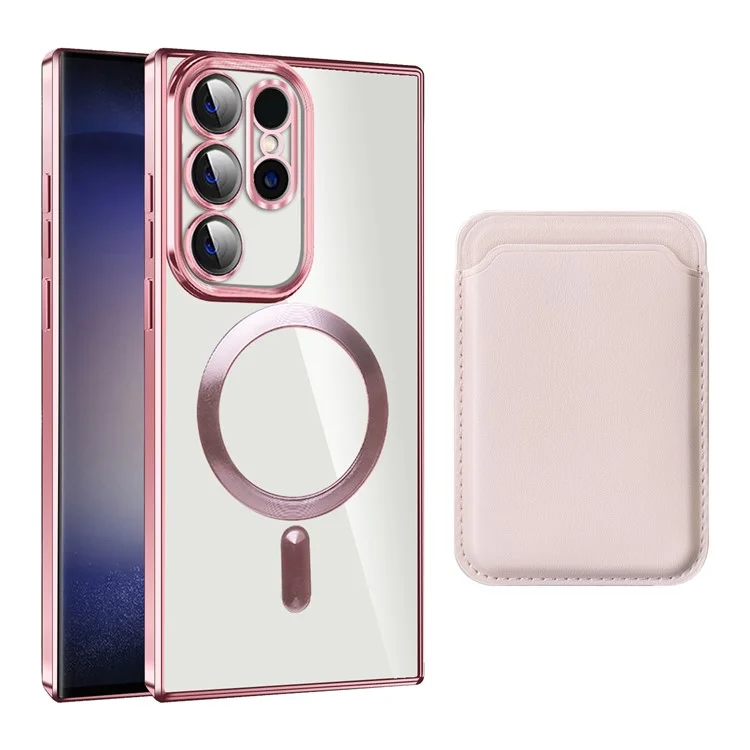 Étui de téléphone magnétique pour Samsung Galaxy S23 Ultra, coque transparente en TPU + PC avec porte-carte - Rose