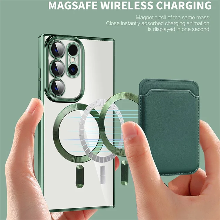 Étui de téléphone magnétique pour Samsung Galaxy S23 Ultra, coque transparente en TPU + PC avec porte-carte - Rose