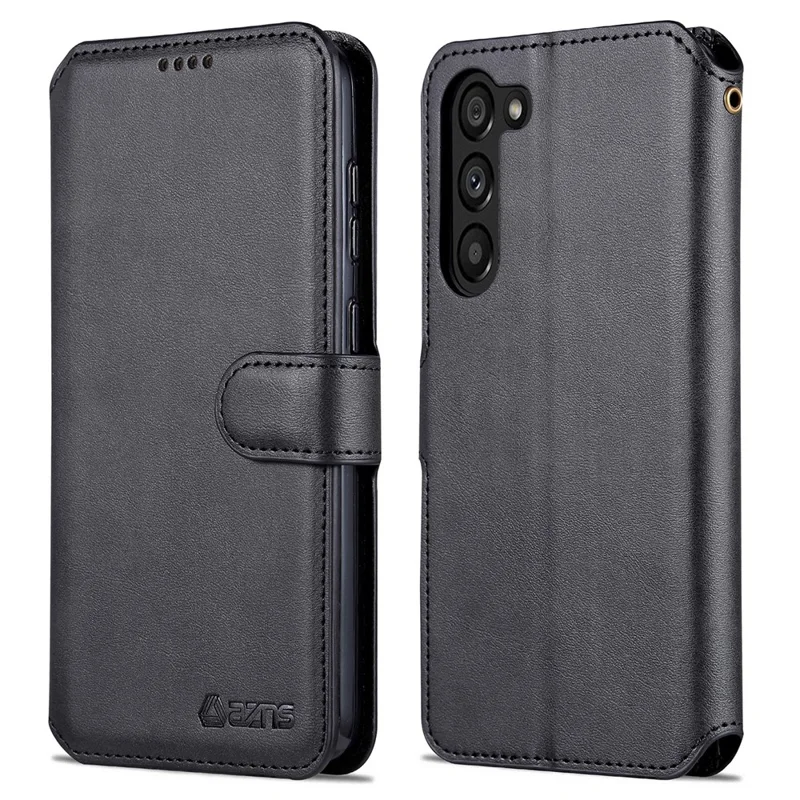 AZNS Anti-fall Phone Case For Samsung Galaxy S23 Calf Texture Leather Flip Phone Cover with Wallet Stand - Black