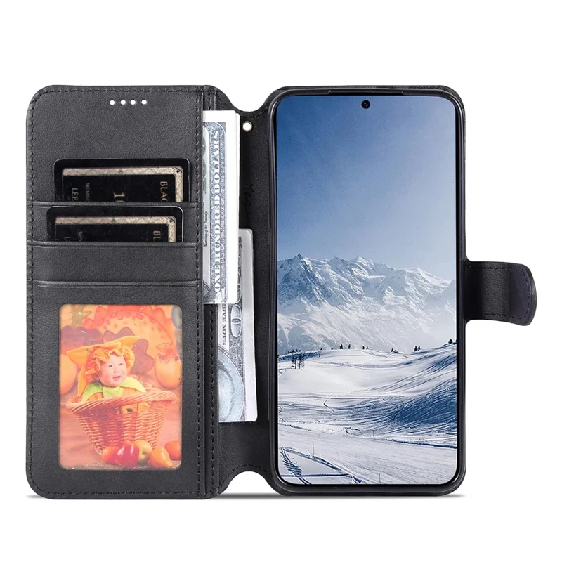 AZNS Anti-fall Phone Case For Samsung Galaxy S23 Calf Texture Leather Flip Phone Cover with Wallet Stand - Black