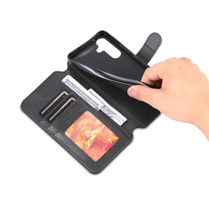 AZNS Anti-fall Phone Case For Samsung Galaxy S23 Calf Texture Leather Flip Phone Cover with Wallet Stand - Black