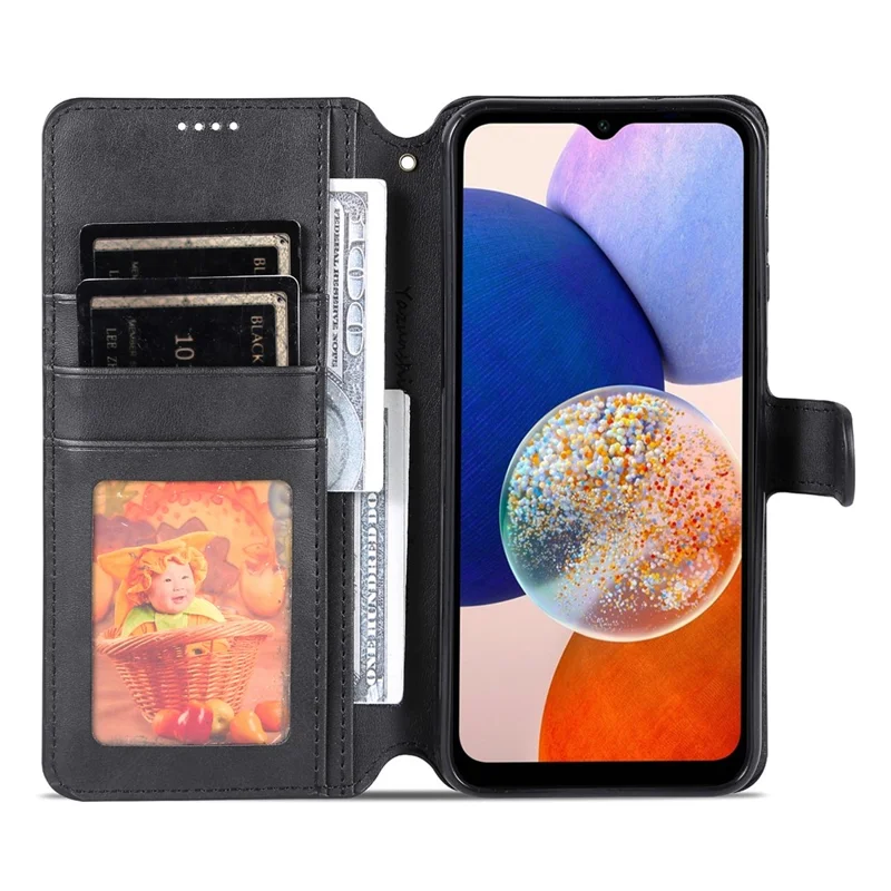 AZNS Stootvaste Telefoonhoesje voor Samsung Galaxy A14 5G / A14 4G Kalfstextuur Leren Telefoonportemonnee Hoesje met Stand - Zwart