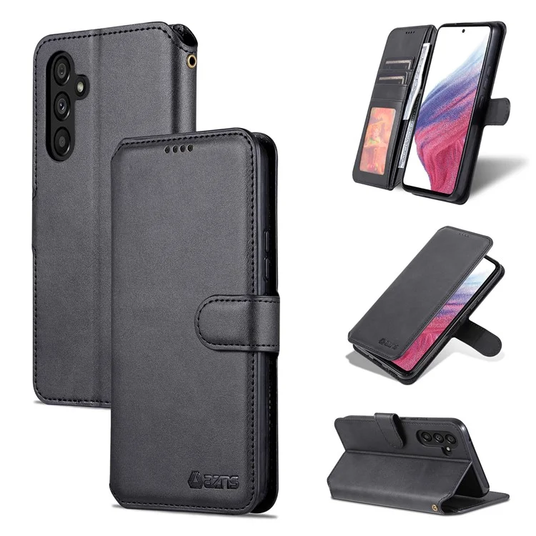 AZNS Für Samsung Galaxy A34 5G Kalbleder Telefon Cover mit Geldbörse Stand Anti-Drop Case - Schwarz