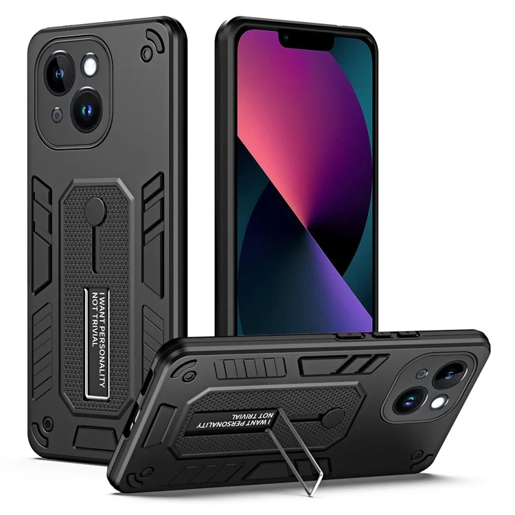 For iPhone 13 6.1 inch Kickstand Phone Case Finger Grip Strap PC + TPU Shockproof Cover - Black