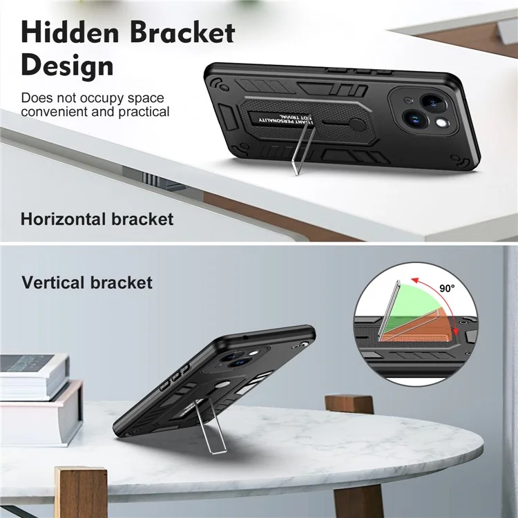 For iPhone 13 6.1 inch Kickstand Phone Case Finger Grip Strap PC + TPU Shockproof Cover - Black