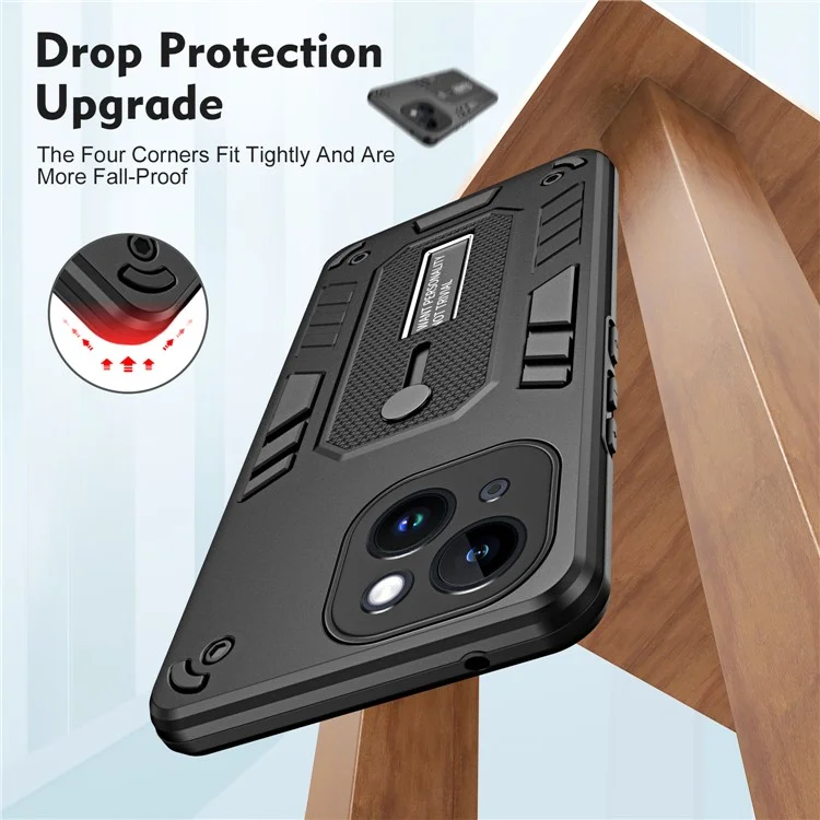 For iPhone 13 6.1 inch Kickstand Phone Case Finger Grip Strap PC + TPU Shockproof Cover - Black