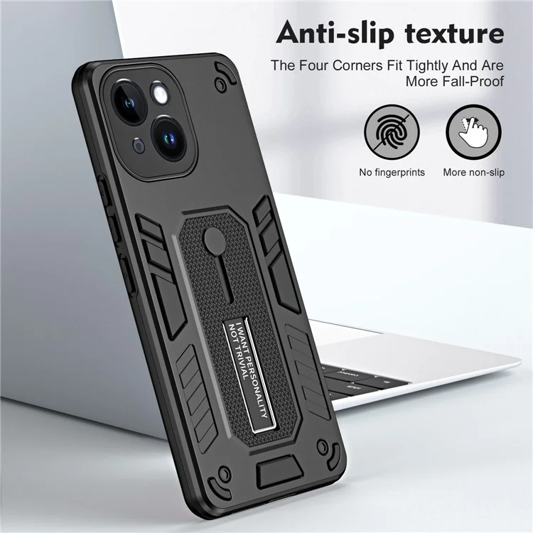 For iPhone 13 6.1 inch Kickstand Phone Case Finger Grip Strap PC + TPU Shockproof Cover - Black