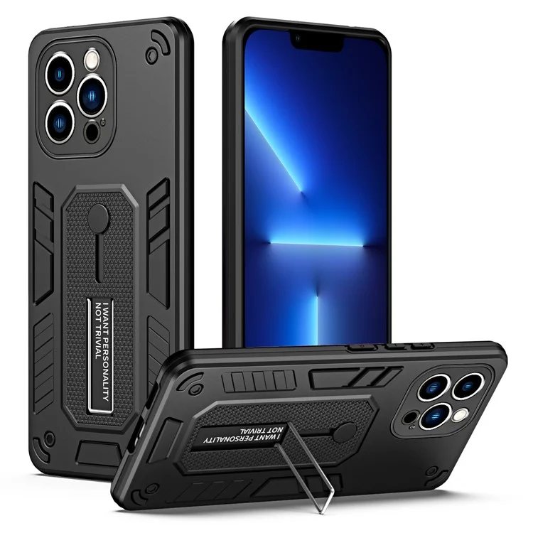 For iPhone 13 Pro 6.1 inch Phone Case with Finger Strap PC + TPU Kickstand Drop Protection Cover - Black