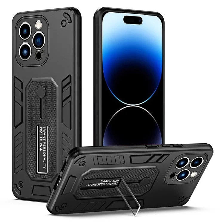 Для iPhone 14 Pro Soft TPU Hard PC Phone Case Finger Grip Kickstand Rugged Shockproof Cover - Черный