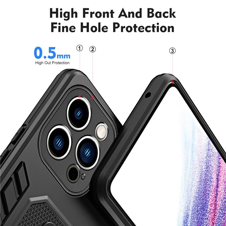 Для iPhone 14 Pro Soft TPU Hard PC Phone Case Finger Grip Kickstand Rugged Shockproof Cover - Черный