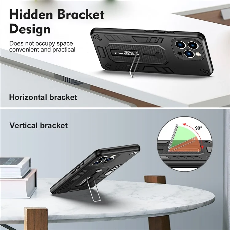 Для iPhone 14 Pro Soft TPU Hard PC Phone Case Finger Grip Kickstand Rugged Shockproof Cover - Черный