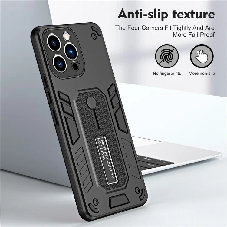 Для iPhone 14 Pro Soft TPU Hard PC Phone Case Finger Grip Kickstand Rugged Shockproof Cover - Черный