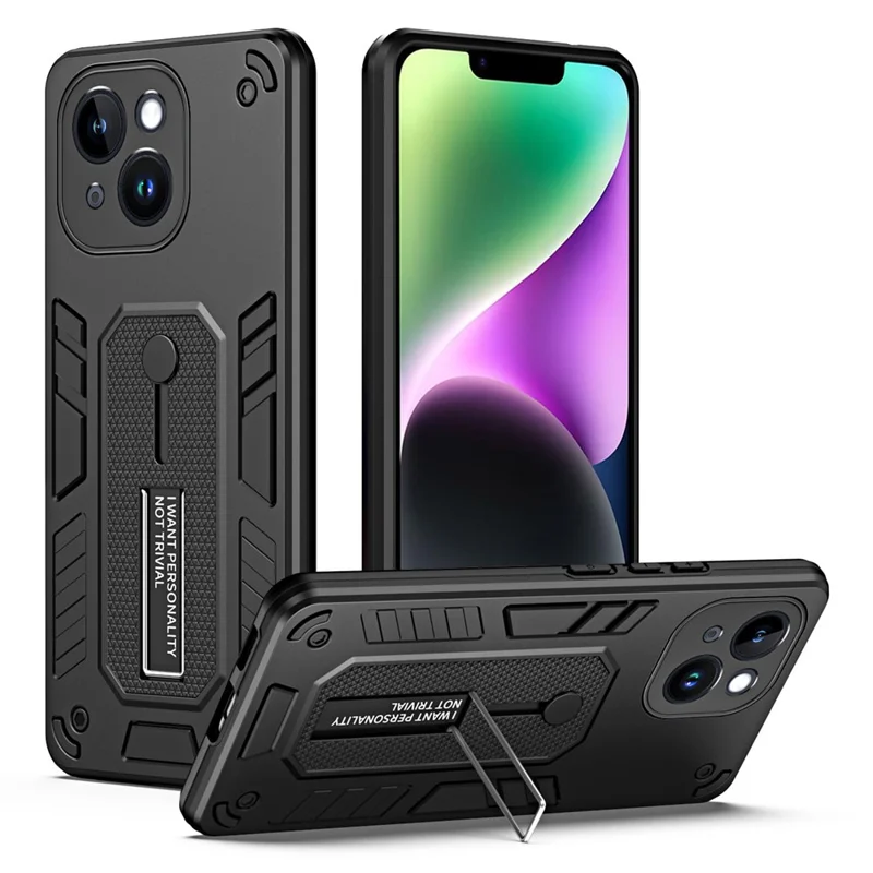 Kickstand Phone Case for iPhone 14 Plus , TPU + PC Non-Slip Finger Strap Protective Cover - Black