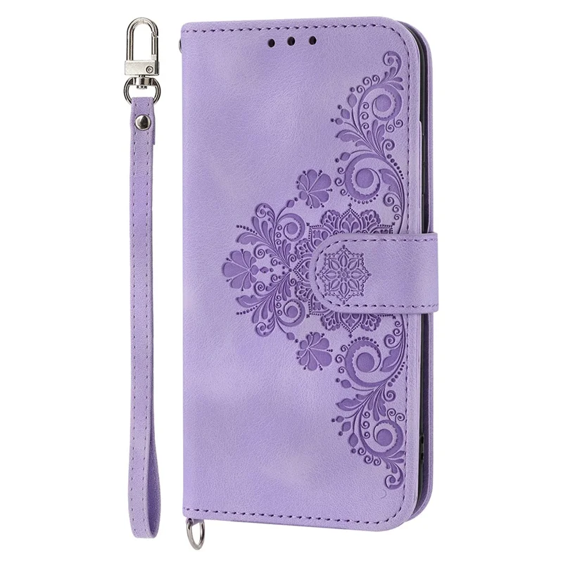 Leather Phone Case for Samsung Galaxy A34 5G Wallet Stand Imprinted Flower Skin-touch Cover with Strap - Light Purple