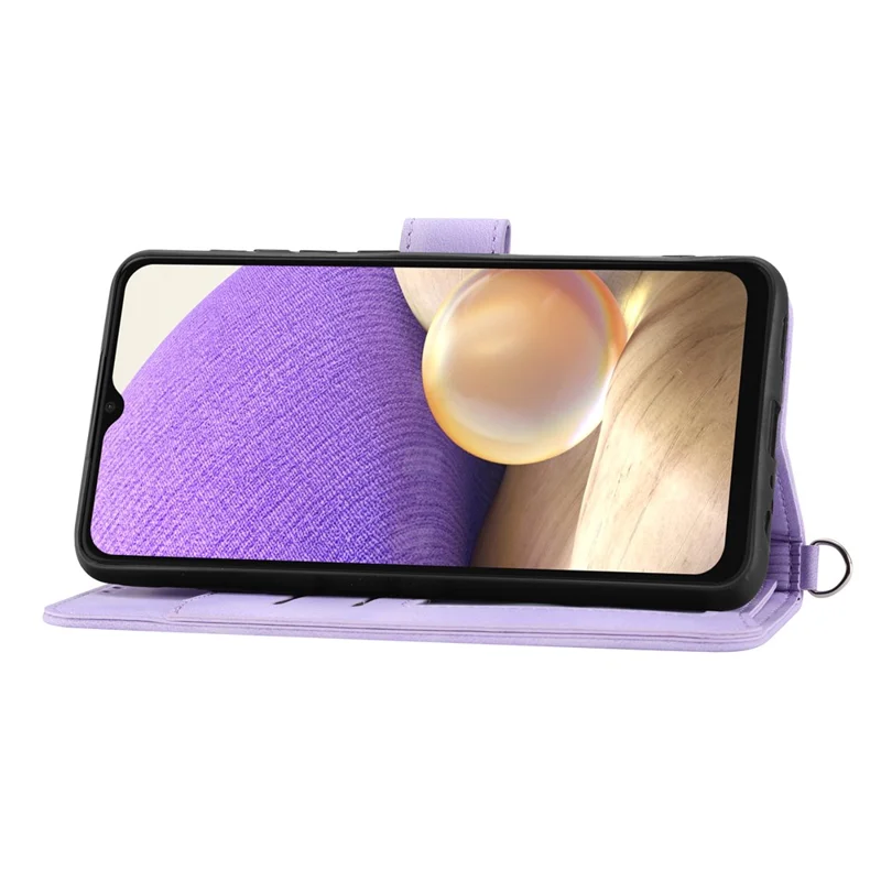 Leather Phone Case for Samsung Galaxy A34 5G Wallet Stand Imprinted Flower Skin-touch Cover with Strap - Light Purple