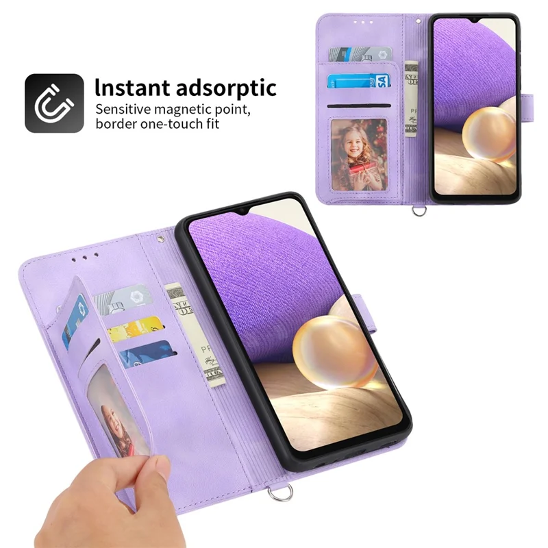Leather Phone Case for Samsung Galaxy A34 5G Wallet Stand Imprinted Flower Skin-touch Cover with Strap - Light Purple