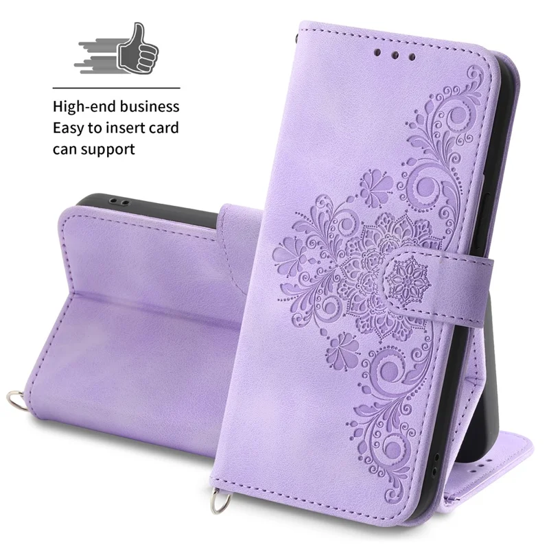 Leather Phone Case for Samsung Galaxy A34 5G Wallet Stand Imprinted Flower Skin-touch Cover with Strap - Light Purple