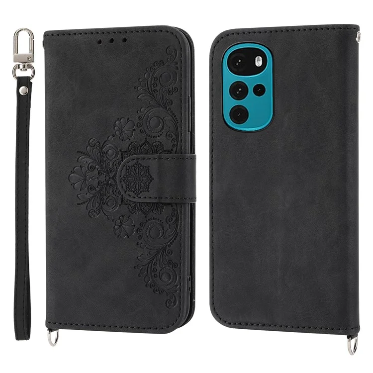Lederhülle für Motorola Moto G22 Wallet Stand Geprägte Blumen Skin-touch Cover mit Riemen - Schwarz