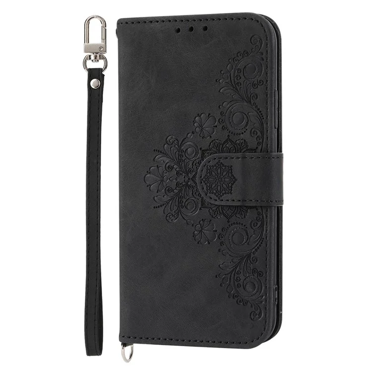 Lederhülle für Motorola Moto G22 Wallet Stand Geprägte Blumen Skin-touch Cover mit Riemen - Schwarz