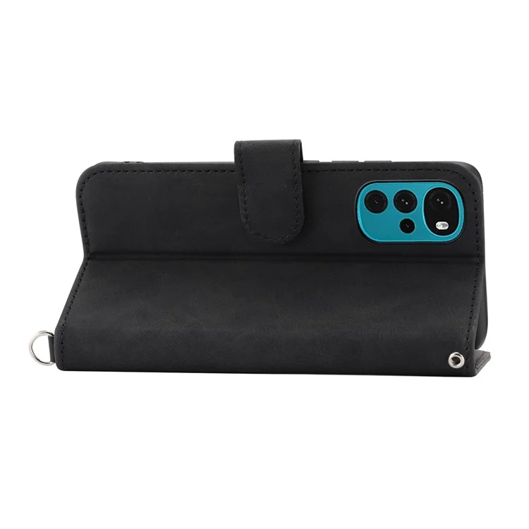 Lederhülle für Motorola Moto G22 Wallet Stand Geprägte Blumen Skin-touch Cover mit Riemen - Schwarz