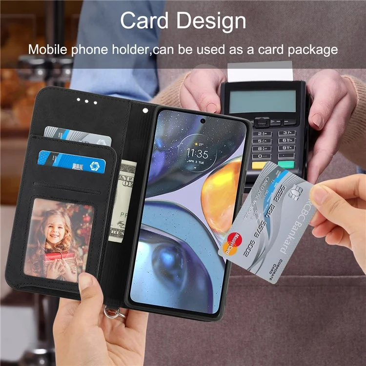 Lederhülle für Motorola Moto G22 Wallet Stand Geprägte Blumen Skin-touch Cover mit Riemen - Schwarz