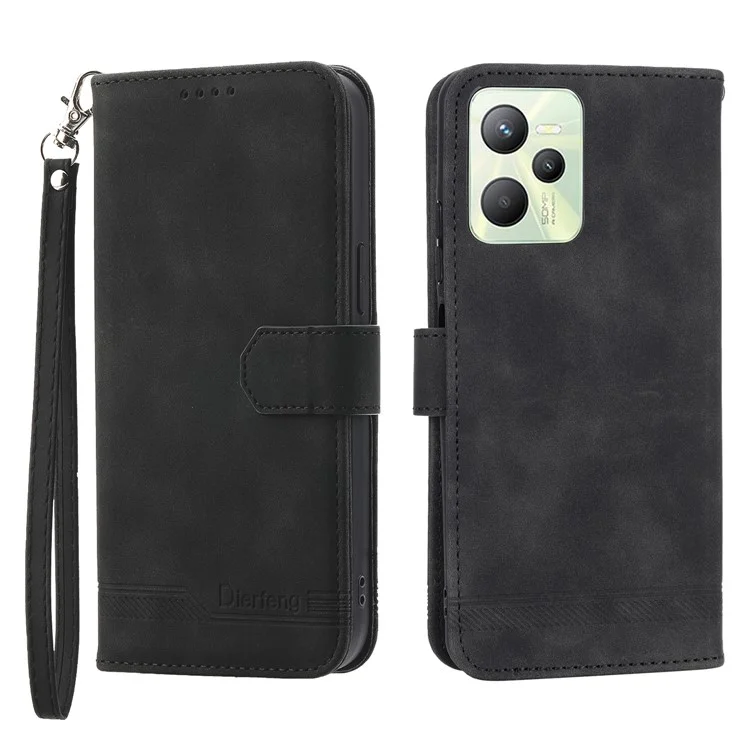 DIERFENG DF-03 para Realme C35 4G Wallet Stand Phone Case Lines Imprinted Phone Leather Cover - Preto