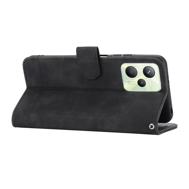 DIERFENG DF-03 para Realme C35 4G Wallet Stand Phone Case Lines Imprinted Phone Leather Cover - Preto