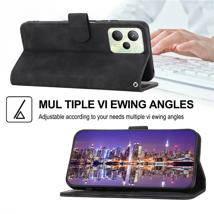 DIERFENG DF-03 para Realme C35 4G Wallet Stand Phone Case Lines Imprinted Phone Leather Cover - Preto