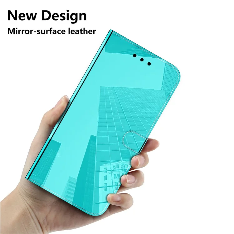 For OnePlus 11 5G Mirror-like Surface Phone Case Stand Wallet PU Leather Shockproof Cell Phone Cover - Cyan