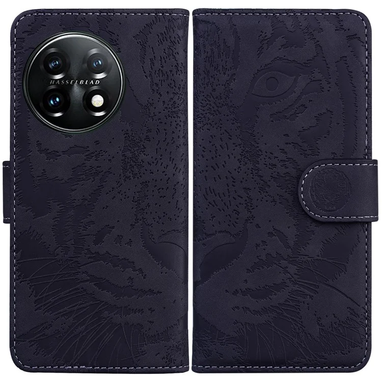 For OnePlus 11 5G Tiger Imprinted Cell Phone Cover PU Leather Wallet Stand Protective Phone Case - Black
