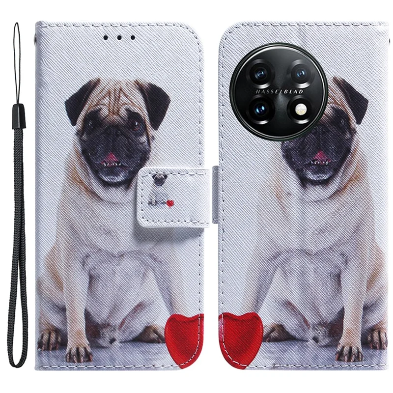 For OnePlus 11 5G Anti-fall PU Leather Phone Case Pattern Printing Stand Flip Wallet Cover with Strap - Pug