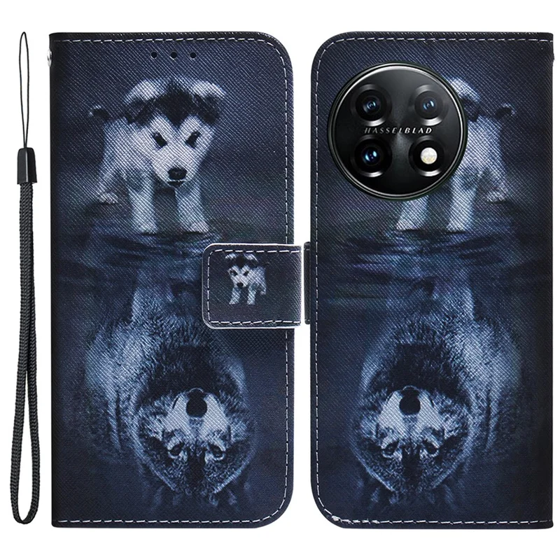 Für OnePlus 11 5G Anti-Sturz PU-Leder Handyhülle Muster Drucken Ständer Flip Wallet Cover mit Riemen - Hund und Wolf