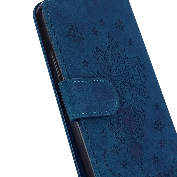 Para Realme 10 Pro+ 5G Leather Rose Butterfly Imprinted Phone Case Flip Stand Wallet Mobile Phone Cover - Blue