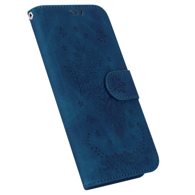Para Realme 10 Pro+ 5G Leather Rose Butterfly Imprinted Phone Case Flip Stand Wallet Mobile Phone Cover - Blue