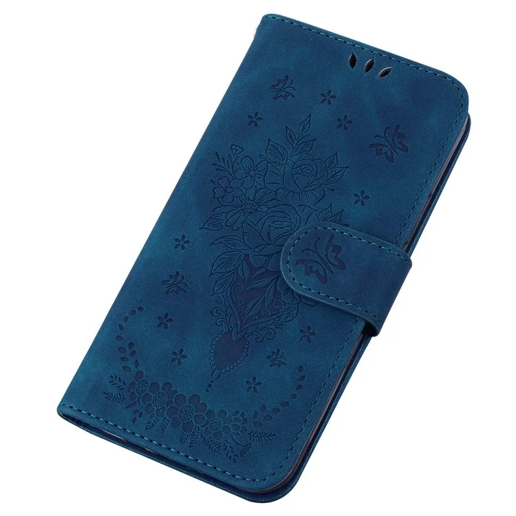 Para Realme 10 Pro+ 5G Leather Rose Butterfly Imprinted Phone Case Flip Stand Wallet Mobile Phone Cover - Blue
