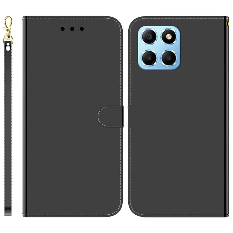 Smartphone Case For Honor X8 5G , Stand Wallet Mirror-like Surface PU Leather Cell Phone Cover - Black
