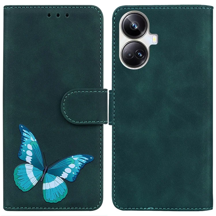 Для Realme 10 Pro+ 5G Butterfly Printing Phone Stand Cover Leather Wallet Shockproof Case - Green