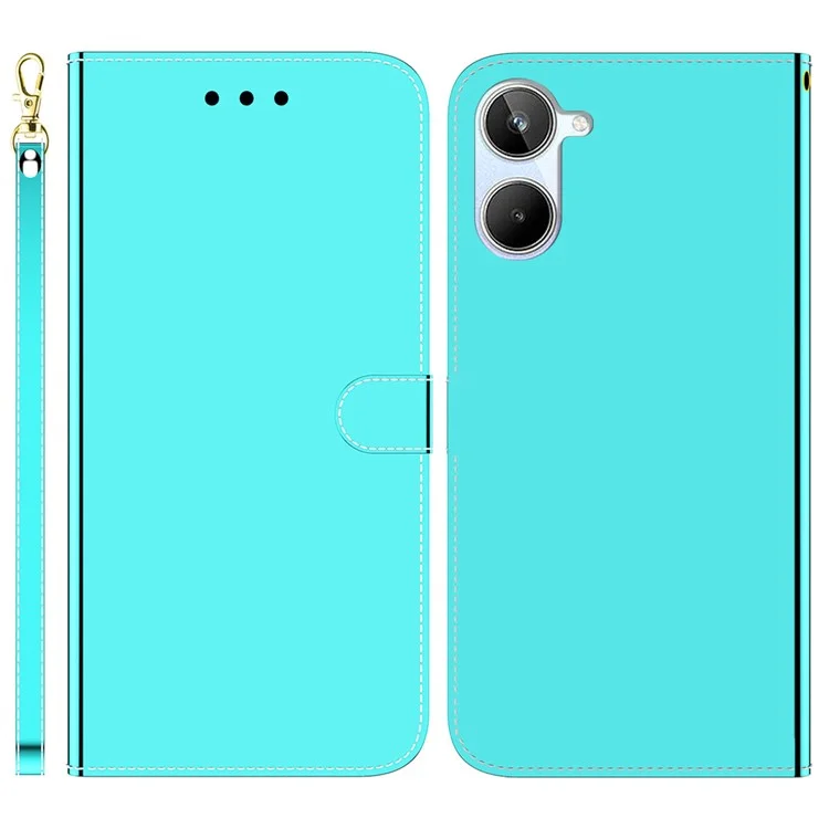 Pour Realme 10 4G Étui portefeuille en cuir PU avec miroir - Cyan