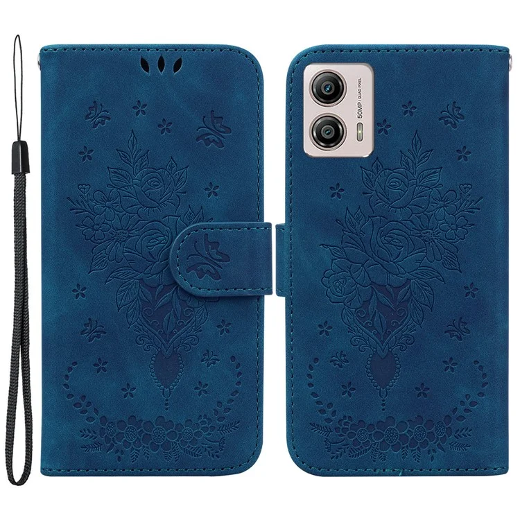 Para Motorola Moto G13 4G / G23 4G / G53 5G Rosa Mariposa Impresa en Soporte Funda de Teléfono Cartera de Cuero - Azul