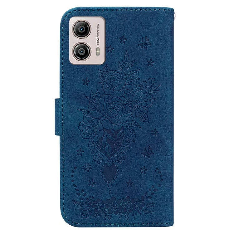Para Motorola Moto G13 4G / G23 4G / G53 5G Rosa Mariposa Impresa en Soporte Funda de Teléfono Cartera de Cuero - Azul