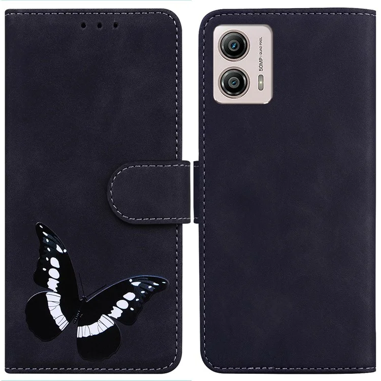 Para Motorola Moto G13 4G / G23 4G / G53 5G Funda de cartera de cuero con estampado de mariposa, soporte para teléfono - Negro