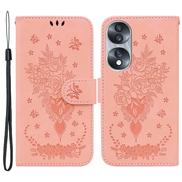 Capa de Telefone à Prova de Quedas para Honor 70 5G, Capa de Carteira de Couro Flip com Impressão de Borboleta Rosa - Rosa